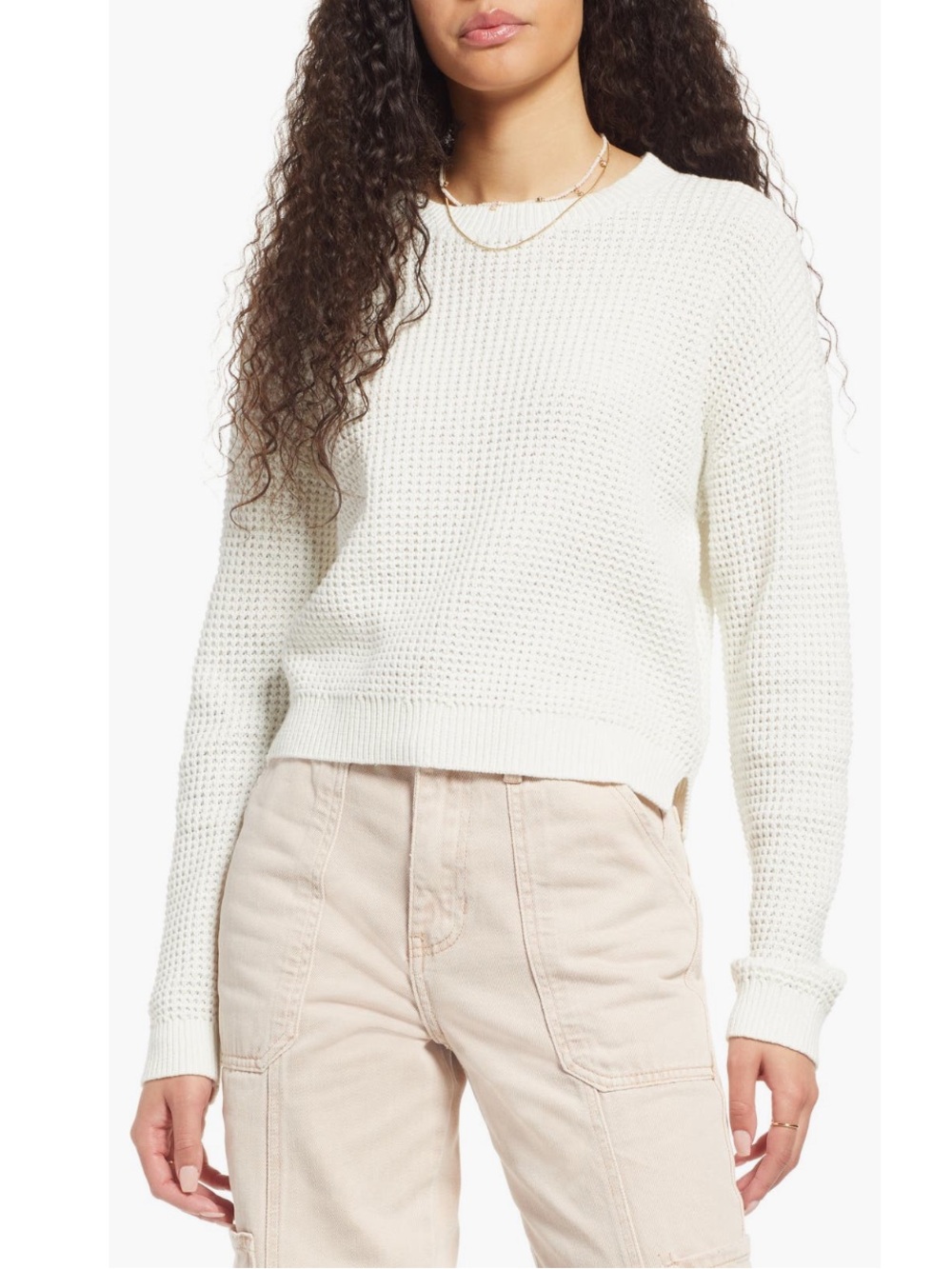 White / Ivory Waffle Knit Crop Crewneck Sweater XS NWOT